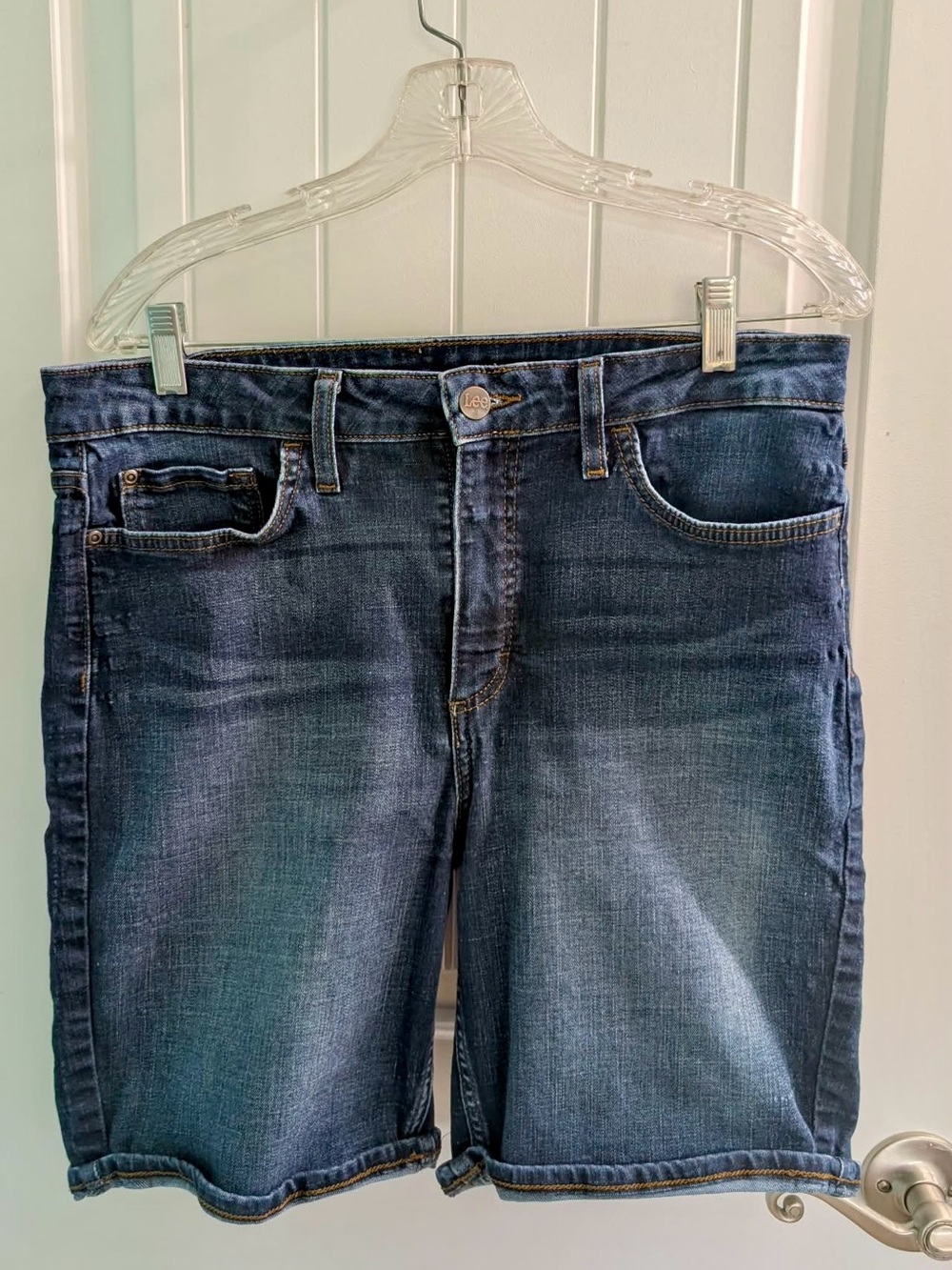 Lee Dark Blue Denim Shorts with Brown Leather Patch